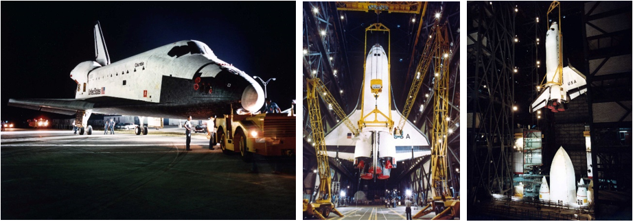 Left: At Kennedy, workers tow Columbia from the Orbiter Processing Facility to the VAB. Middle: Ground crews in the VAB lift Columbia in preparation for mating with the ET and SRBs. Right: Ground crews prepare to lower Columbia for mating with the ET and SRBs. Credits: NASA