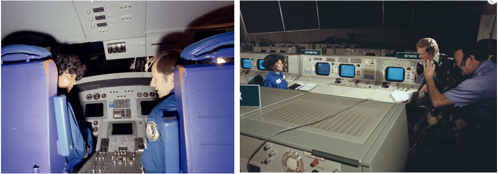 Left: Nichelle Nichols, left, and NASA astronaut Alan L. Bean in the space shuttle simulator at NASA’s Johnson Space Center in March 1977. Right: Nichols, left, in Johnson’s Mission Control Center during the filming of the recruiting video. Credits: NASA