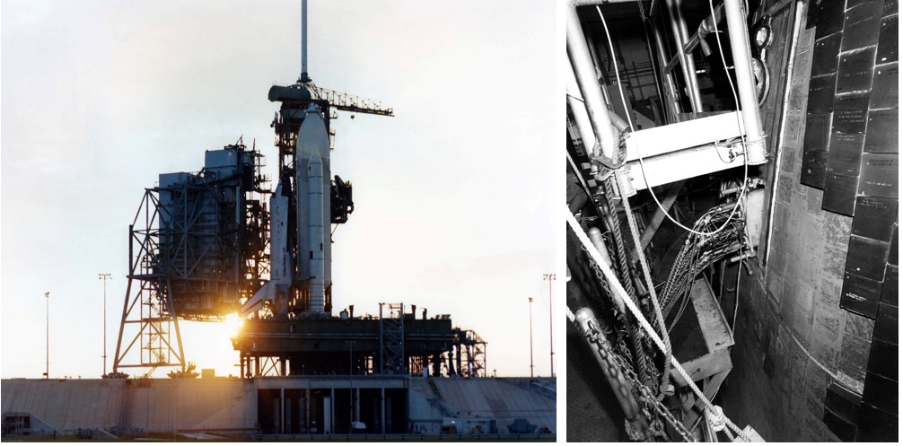 Left: Columbia on Launch Pad 39A at Kennedy in Florida. Right: Missing thermal protection system tiles resulting from a spill of nitrogen tetroxide during fueling operations of the forward reaction control system. Credits: NASA