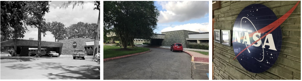 Left: The Farnsworth & Chambers Building (Site 2) at 2999 S. Wayside Drive serves as temporary headquarters for the Manned Spacecraft Center. Middle: The building today is the headquarters of the Houston Parks and Recreation Department. Right: A NASA meatball logo and other historical artifacts are displayed in the building’s lobby.