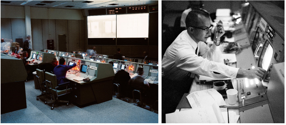 Left: View of the Mission Operations Control Room during the uncrewed Gemini 2 mission on Jan. 19, 1965. Right: One of the flight controllers monitoring the Gemini 2 mission. Credits: NASA