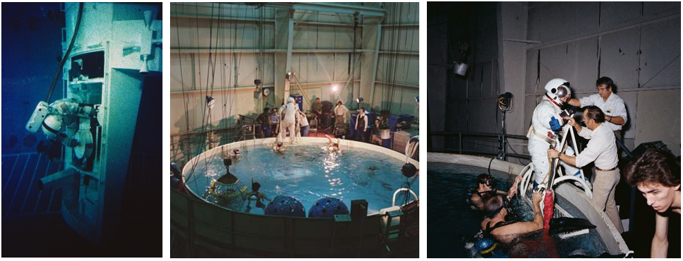 Left: In the Building 5 WIF in 1972, Apollo 17 astronaut Ronald E. Evans practices the deep-space spacewalk to retrieve film canisters from the Apollo Service Module’s Scientific Instrument Module. Middle: Overall view of the WIF in Building 260 in 1978, with a suited subject about to enter the water. Right: In January 1979, then astronaut candidate Anna L. Fisher about to enter the WIF in Building 260 for spacewalk training. Credits: NASA