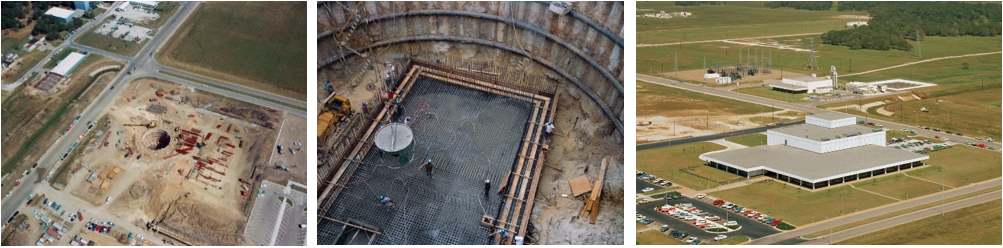 Left: Aerial view of the Building 37 site in October 1966, with the circular 50-foot deep hole for the radiation vault. Middle: Closeup of the radiation vault hole as workers pour the concrete for the foundation. Right: Aerial view of the completed Building 37 LRL in October 1967. Credits: NASA