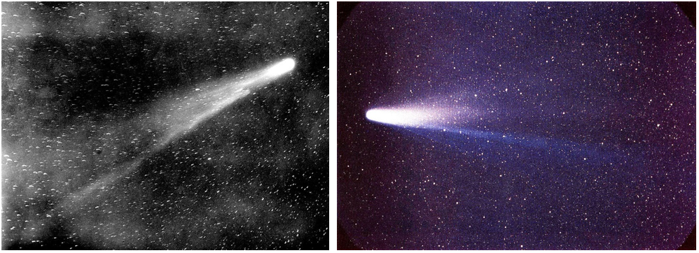 Left: The 1910 apparition of Comet Halley. Credits: The Library of Congress. Right: Comet Halley as it appeared in 1986.