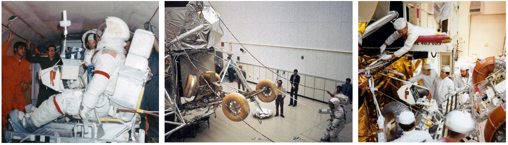 Left: Apollo 16 astronauts Charles M. Duke, left, and John W. Young practice getting in and out of a Lunar Roving Vehicle (LRV) trainer in simulated lunar gravity aboard the KC-135 training aircraft. Middle: Using mock-ups, Young practices deploying the LRV from the LM at Kennedy in Florida. Right: At Kennedy, engineers preform a fit check with the flight versions of the LRV and the LM as Apollo 16 backup astronauts Edgar D. Mitchell and Fred W. Haise look on. Credits: NASA