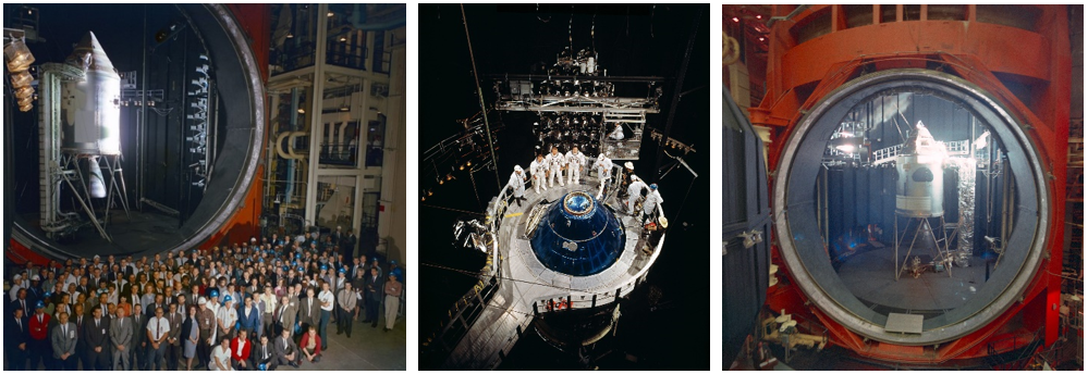 Left: The team poses in front of Chamber A where they tested the Block I Apollo Command and Service Module-008 (CSM-008) in August 1966. (Note the bank of solar simulators to the right of the spacecraft.) Middle: Astronauts Joe H. Engle, left, Vance D. Brand, and Joseph P. Kerwin stand with test engineers behind the Block II 2TV-1 Command Module prior to the June 1968 thermo-vacuum test in Chamber A. (Note the bank of solar simulators behind them.) Right: The 2TV-1 spacecraft in Chamber A for the September 1968 test under lunar spaceflight conditions. Credits: NASA