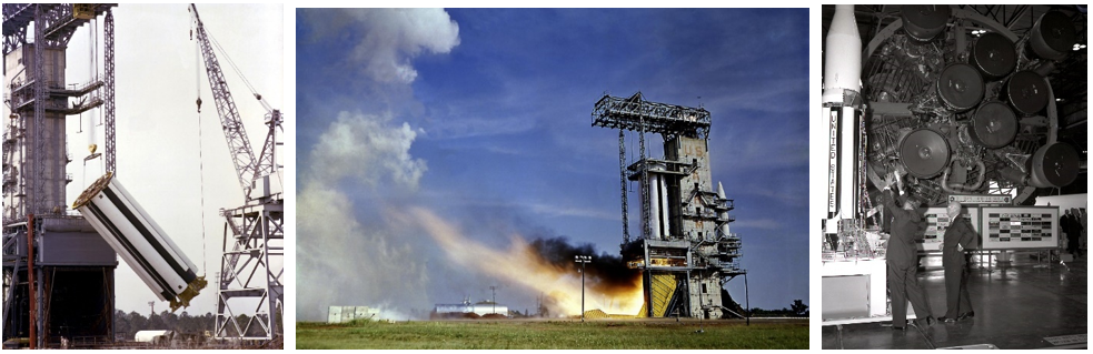 Left: Ground crews lift the Saturn C-I SA-T test stage onto a static stand at the Redstone Arsenal in Huntsville, Alabama, in February 1960. Middle: A test firing of the Saturn SA-T test stage at the Redstone Arsenal in June 1960. Right: At the formal dedication of NASA’s Marshall Space Flight Center in Huntsville, Alabama, Saturn C-I rocket designer Wernher von Braun, left, describes a model of his rocket to President Dwight D. Eisenhower. Credits: NASA