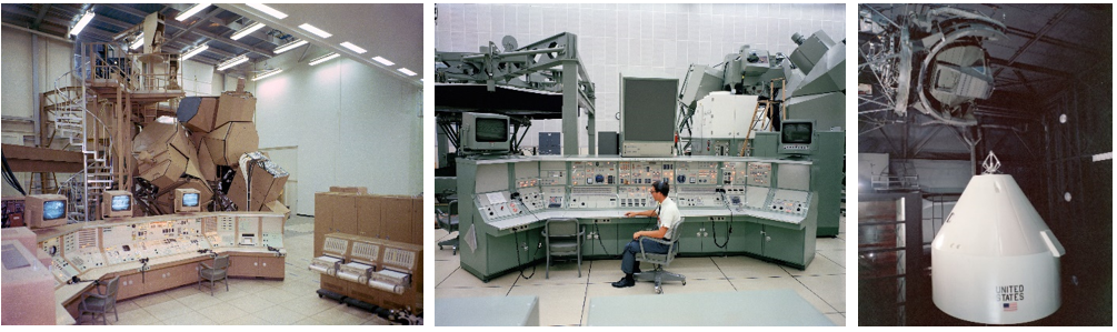 Left: The Apollo Command Module Simulator in 1965. Middle: The Apollo Lunar Module Simulator in 1967. Right: The Apollo Translation and Docking Simulator in 1967. Credits: NASA