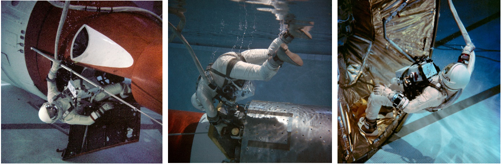 Using mock-ups of the Gemini and Agena spacecraft in the pool at the McDonogh School in Owings Mills, Maryland, astronaut Edwin E. “Buzz” Aldrin trains for his Gemini XII spacewalks in October 1966. Left: Aldrin practices installing a handrail between the Gemini and Agena spacecraft. Middle: Aldrin works at the Agena adapter. Right: Aldrin at the rear of the Gemini spacecraft’s instrument compartment, demonstrating the foot restraints. Credits: NASA