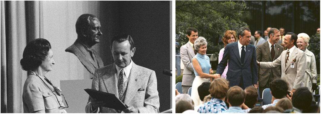 Left: Johnson Director Christopher C. Kraft, right, with former First Lady Lady Bird Johnson at the ceremony renaming the Manned Spacecraft Center after President Lyndon B. Johnson in August 1973. Right: Kraft, right, with President Richard M. Nixon, center, during his visit to the center to present awards to the Skylab 4 crew in March 1974. Credits: NASA