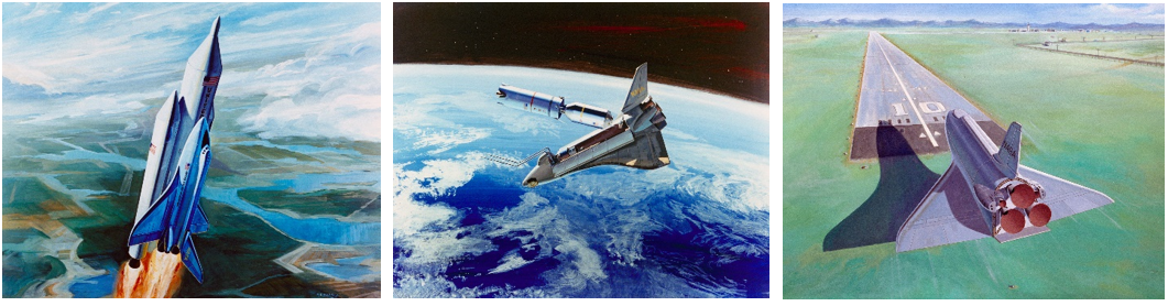 As shown in these illustrations from 1972, the space shuttle would launch like a rocket (left), complete its mission in Earth orbit, such as deploying a satellite (middle), and return to Earth to land on a runway like an airplane (right). Credits: NASA