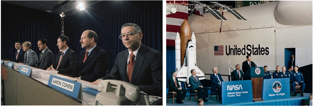 Left: Director of NASA’s Johnson Space Center in Houston Aaron Cohen, right, during a January 1987 press conference to introduce the STS-26 crew. Right: Cohen, left, listens to President Ronald W. Reagan during Reagan’s visit to Johnson in September 1988, just a few days before the STS-26 crew, at right, departed for their launch to return the shuttle to flight. Credits: NASA