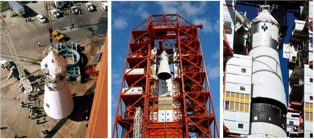 Left: At Launch Complex 34, workers begin lifting the Apollo 1 spacecraft for stacking on its Saturn IB rocket. Middle: The Apollo 1 spacecraft being lifted onto its Saturn IB rocket. Right: Workers finish installing the Apollo 1 spacecraft atop its Saturn IB rocket. Credits: NASA