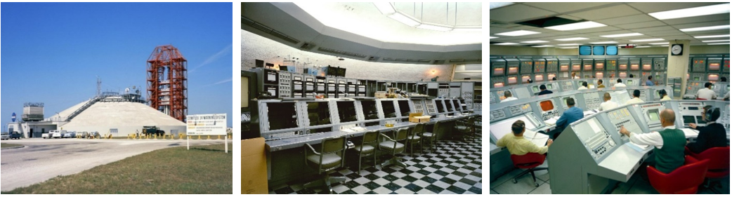 Left: Launch Complex 34 at Cape Kennedy Air Force Station in Florida. The Launch Control Center, also known as the blockhouse, is the domed structure in the foreground. Middle: Interior of the blockhouse at Launch Complex 34. Right: View of the Acceptance Checkout Equipment room in the Manned Spacecraft Operations Building at NASA’s Kennedy Space Center in Florida. Credits: NASA