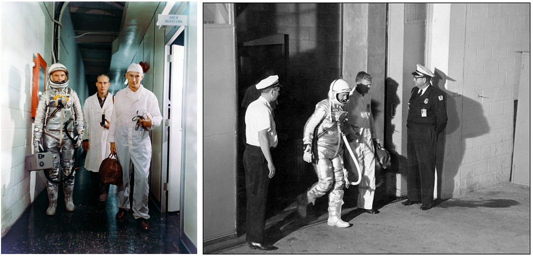 Left: Friendship 7 astronaut John H. Glenn, left, leaving crew quarters with flight surgeon Dr. William K. Douglas and suit technician Joseph W. “Joe” Schmitt. Right: Glenn, left, walks with Dr. Williams to the transfer van for the ride to Launch Pad 14. Credits: NASA