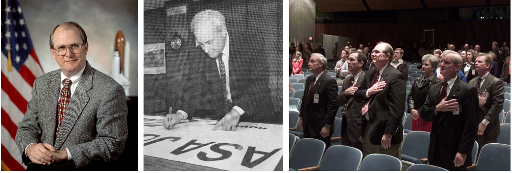 Left: Brock R. “Randy” Stone, deputy director of NASA’s Johnson Space Center in Houston from November 2001 to November 2002. Middle: Acting Johnson Director Roy S. Estess signs a banner dedicated to the victims of the 9/11 attacks. Right: Estess, left, and Stone, third from left, during a December 2001 ceremony in Johnson’s Teague Auditorium honoring the victims of the 9/11 attacks. Credits: NASA