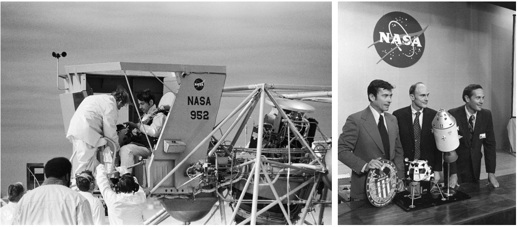 Left: Apollo 16 astronaut John W. Young trains for the descent to the Moon’s surface in the Lunar Landing Training Vehicle at Ellington Air Force Base. Right: Apollo 16 astronauts Young, Thomas K. “Ken” Mattingly, and Charles M. Duke pose for photographers after their last preflight press conference. Credits: NASA