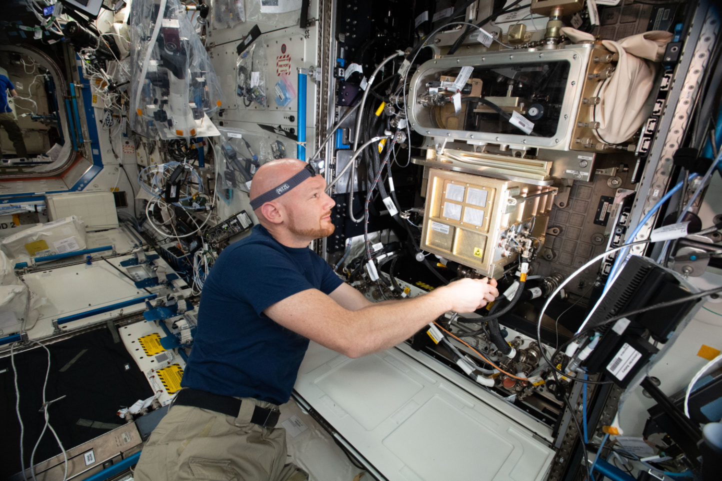 View of Alex Gerst, Expedition 56 flight engineer, during Fluids and Combustion Facility Light Microscopy Module Biophysics plate removal. Credits: NASA