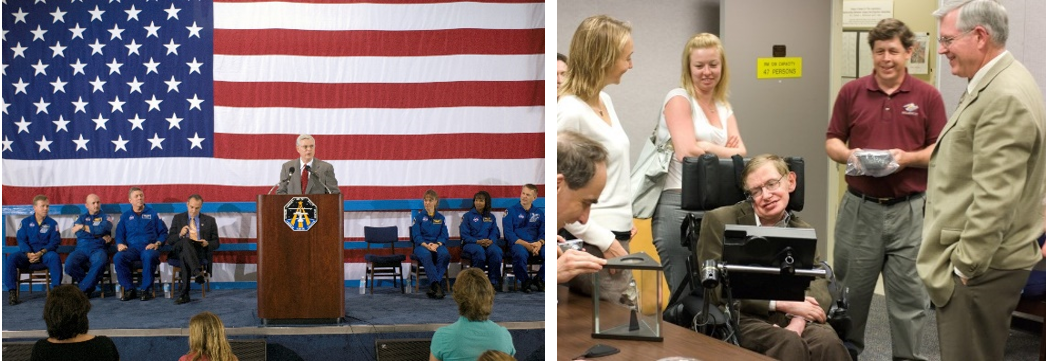 Left: In July 2006, at Ellington Field, Johnson Director Michael L. Coats addresses the audience at the welcome home ceremony for the STS-121 crew. Right: Coats, right, shows famed astrophysicist Stephen Hawking, center, a Moon rock during his April 2007 visit to the center. Credits: NASA
