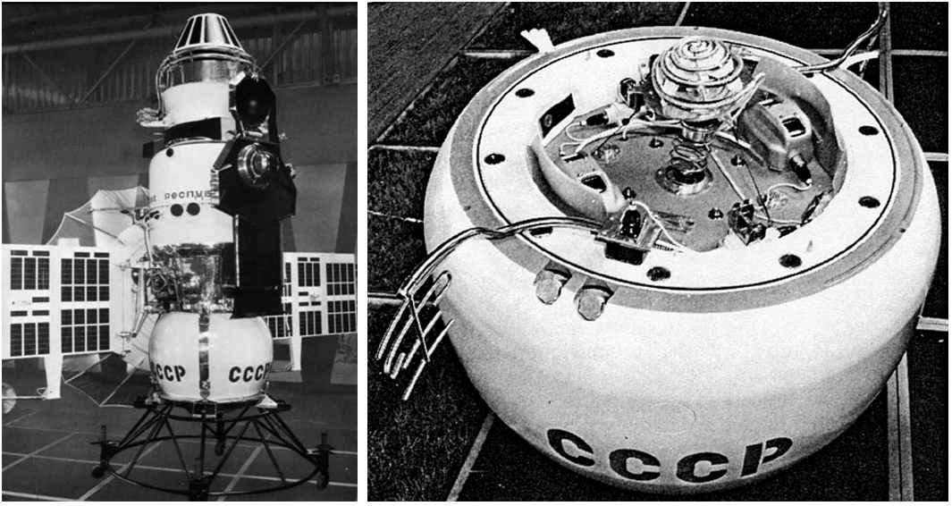 Left: The Soviet Union’s Venera 4 spacecraft, showing the atmospheric entry probe at bottom. Right: Closeup of the Venera 4 atmospheric entry probe.