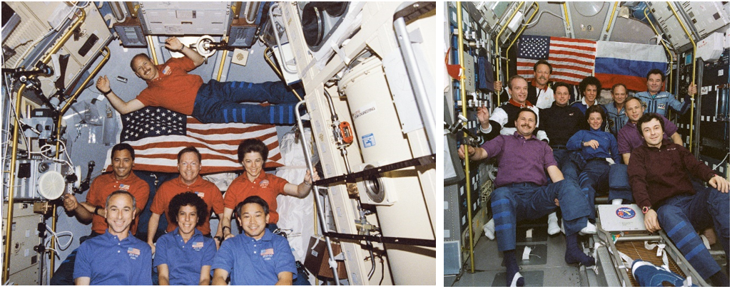 Left: The STS-50 crew in July 1992. Right: The international STS-71 crew in July 1995. Credits: NASA