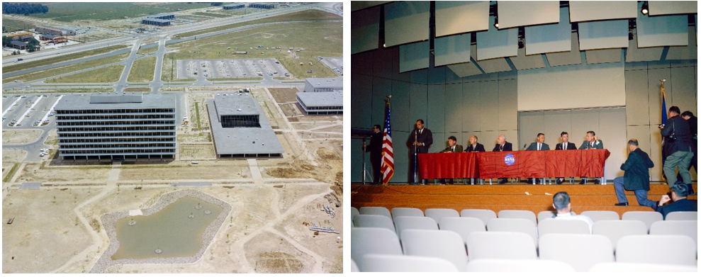 Left: April 1964 aerial view of the Program Management Building, left, and the Public Affairs Building and Auditorium. Right: The April 1964 press conference in the auditorium to announce the Gemini 3 prime and backup crews. Credits: NASA