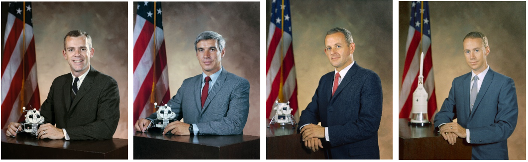 Group 6 astronauts Brian T. O’Leary, left, John A. Llewellyn, Phillip K. Chapman, and Donald L. Holmquest. Credits: NASA