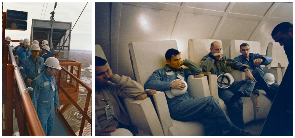 Left: Apollo 10 astronauts (front to back) Young, Stafford and Cernan inspect the slide wire escape mechanism at the top of Launch Pad 39B. Right: Apollo 10 astronauts (left to right) Young, Stafford and Cernan are briefed on escape protocols inside the blast room beneath the launch pad.