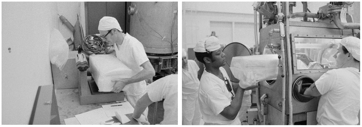 Left: A technician weighs the first Apollo 12 SRC inside the LRL. Right: Technicians place the first Apollo 12 SRC inside a glovebox at the LRL.