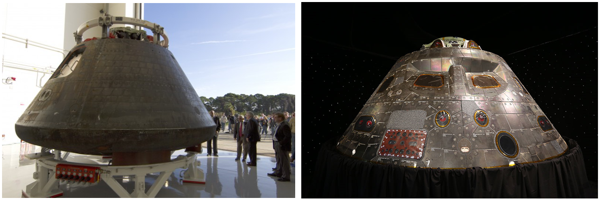 Left: Bolden (in red tie) inspects the Orion EFT-1 capsule at NASA’s Kennedy Space Center. Right: The EFT-1 capsule on display at Kennedy’s Visitors Center. Image Credits: NASA