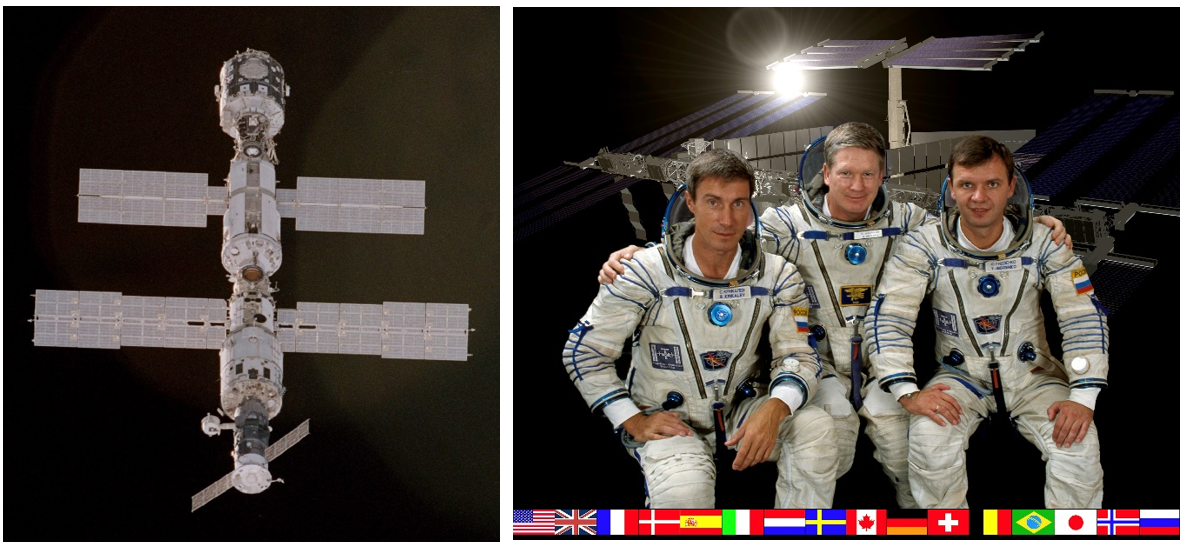 Left: The addition of the Zvezda Service Module enable permanent occupancy of the space station. Right: The first crew to live and work aboard the outpost: (left to right) Sergey Krikalev, William Shepard and Yuri Gidzenko. Image Credits: NASA