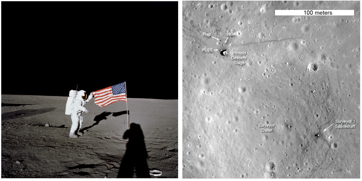   Left: Apollo 12 Commander Pete Conrad holding the flag at the Ocean of Storms landing site. Right:  Orbital view of the Apollo 12 landing site from the LRO taken in 2012 shows the shadow of the flag (at upper left), indicating that our flag is still there