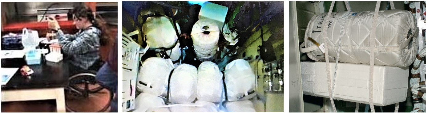 Left: Student preparing samples for the PCG-EGN Dewar experiment. Middle: Still from a video of Lu transferring the PCG-EGN into the Zarya module. Right: PCG-EGN Dewar stowed in Zarya. Credits: NASA