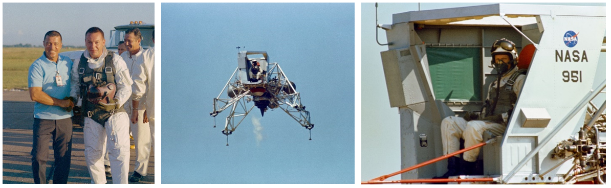 Ream (left) and Jere Cobb after Cobb completed a test flight with LLTV-2 at Ellington Air Force Base. Middle: Armstrong flies the LLTV-2 (NASA 951) in June 1969. Right: Armstrong in the cockpit of LLTV-2 (NASA 951) shortly after completing one of his eight flights in June 1969. Image Credit: NASA