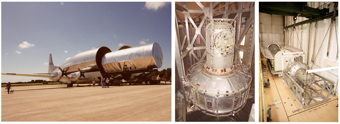 Left: Workers remove the Joint Airlock Module from the Super Guppy transport aircraft at Kennedy. The Joint Airlock Module in the vacuum chamber for pressure integrity testing. Right: Workers prepare the Joint Airlock Module for loading into the payload canister. Credits: NASA