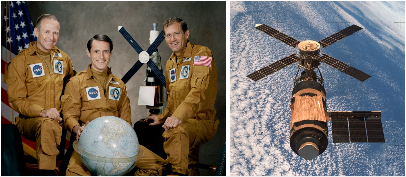 Left: The Skylab-4 crew of Carr, Gibson, and Pogue. Right: The Skylab space station as seen by the Skylab-4 crew. Credits: NASA