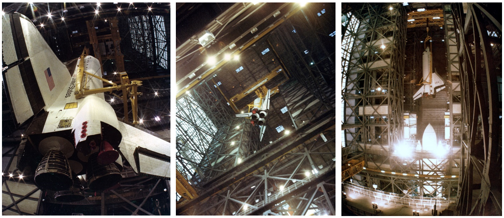 Left: Workers begin lifting Columbia in the transfer aisle of the VAB at Kennedy. Middle: Workers in the VAB continue lifting Columbia from the transfer aisle into High Bay 3. Right: Workers lower Columbia in High Bay 3 to mate it with its external tank and SRBs. Credits: NASA