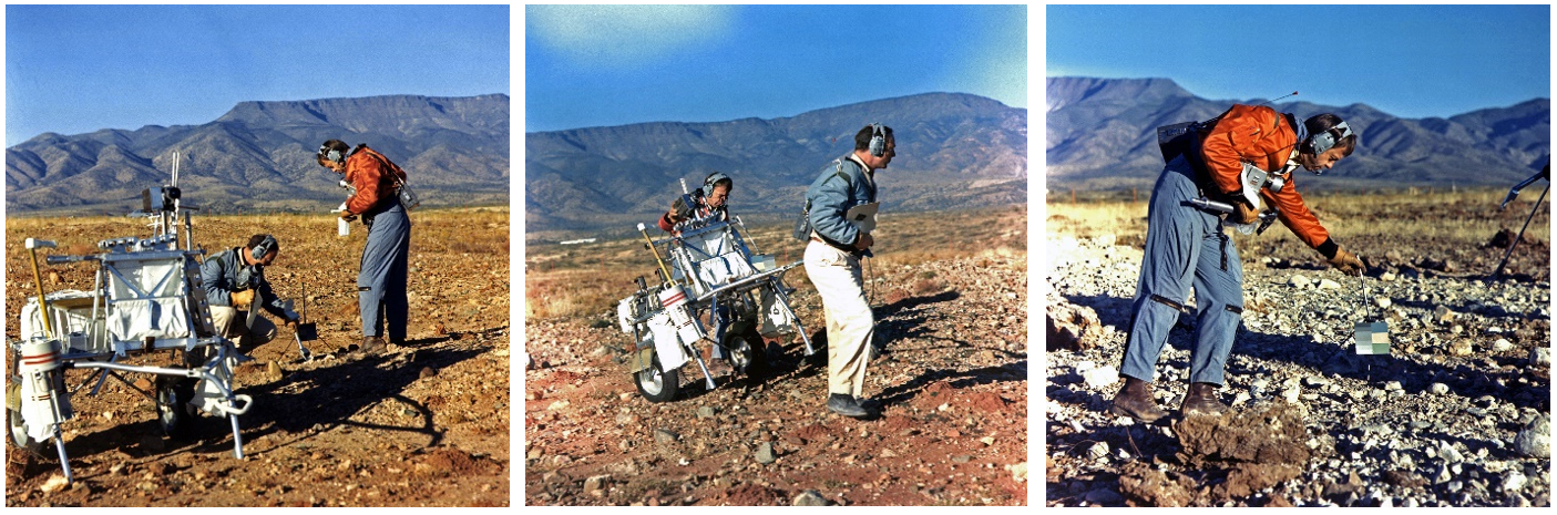 Left: Apollo 14 astronauts Mitchell, left, and Shepard practice the second lunar excursion with the Modular Equipment Transporter (MET) in Cottonwood, Arizona. Middle: Mitchell, right, pulls the MET, aided by Shepard, during the Cottonwood geology field trip. Right: Shepard places a gnomon, a photography aid, during the field trip. Credits: NASA