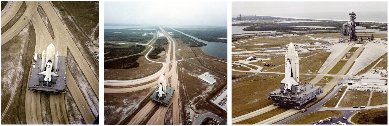 Left: View from the top of the VAB at NASA’s Kennedy Space Center as space shuttle Columbia begins its journey to Launch Pad 39A. Middle: View from atop the VAB as Columbia begins the journey down the crawlerway. Right: Columbia approaches Launch Pad 39A. Credits: NASA