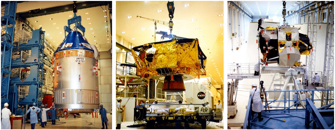 Left: The Apollo 15 Command and Service Modules after mating in the Manned Spacecraft Operations Building (MSOB) at NASA’s Kennedy Space Center. Middle: The Apollo 15 Lunar Module descent stage after arriving in the MSOB. Right: The Apollo 15 Lunar Module ascent stage in the MSOB.