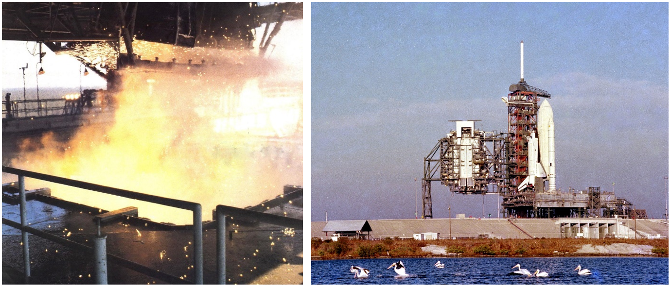 Left: The space shuttle Main Propulsion Test Assembly during a three-engine test firing at NASA’s National Space Test Laboratories in Bay St. Louis, Mississippi. Right:  Space Shuttle Columbia on Launch Pad 39A. Credits: NASA