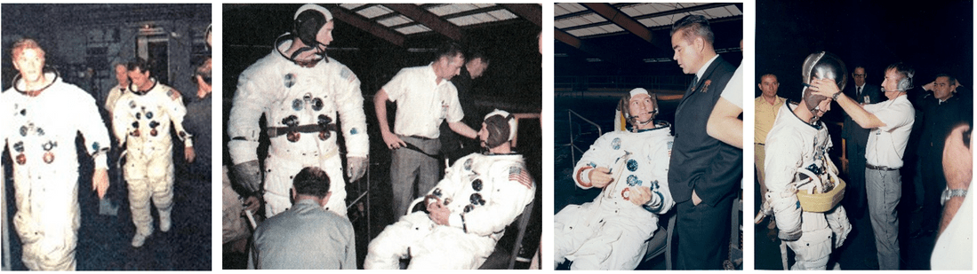 Left: Schweickart, left, and Sevastyanov wear the A7L spacesuits in preparation for the simulation in the Neutral Buoyancy Simulator at Marshall. Middle left: Schweickart, left, and Sevastyanov prepare for the underwater run in the NBS. Middle right: Sevastyanov, left, confers with Nikolayev during the suiting up process. Right: A technician lowers the A7L spacesuit helmet onto Sevastyanov. Credits: NASA