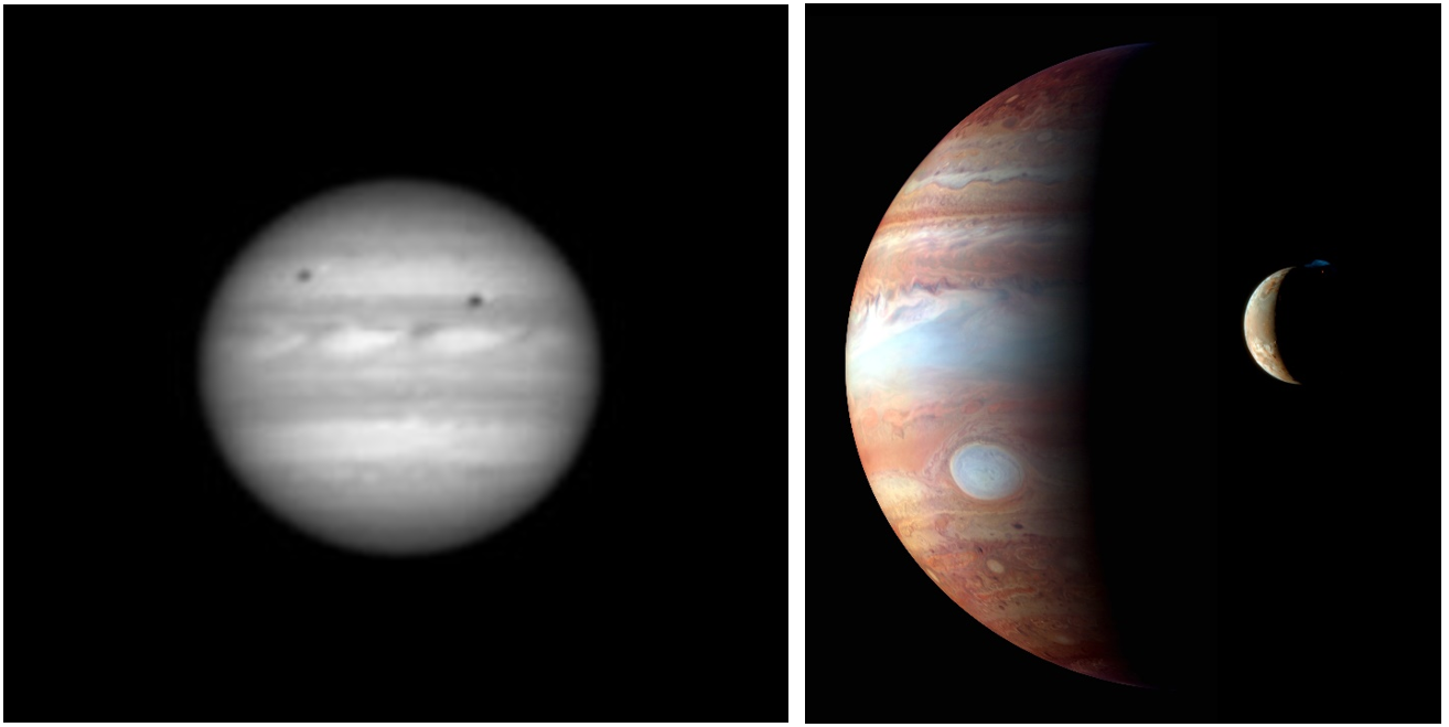 Left: New Horizons’ first image of Jupiter using the LORRI instrument, taken from 181 million miles away, with the moons Europa, left, and Io and their respective shadows on the planet. Right: Composite image of Jupiter in infrared light and its moon Io, with the volcano Tvashtar caught in the act of erupting at upper right on Io’s dark limb. Credits: NASA/Johns Hopkins University Applied Physics Laboratory/Southwest Research Institute