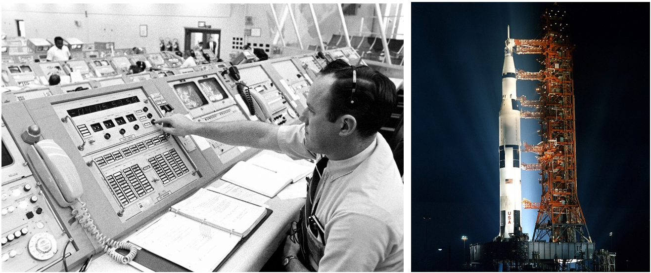 Left: Charles F. “Chuck” Henschel, chief space vehicle test supervisor, pushes the button to start the countdown clock for Apollo 14. Right: The Apollo 14 Saturn V on Launch Pad 39A the night before launch. Credits: NASA