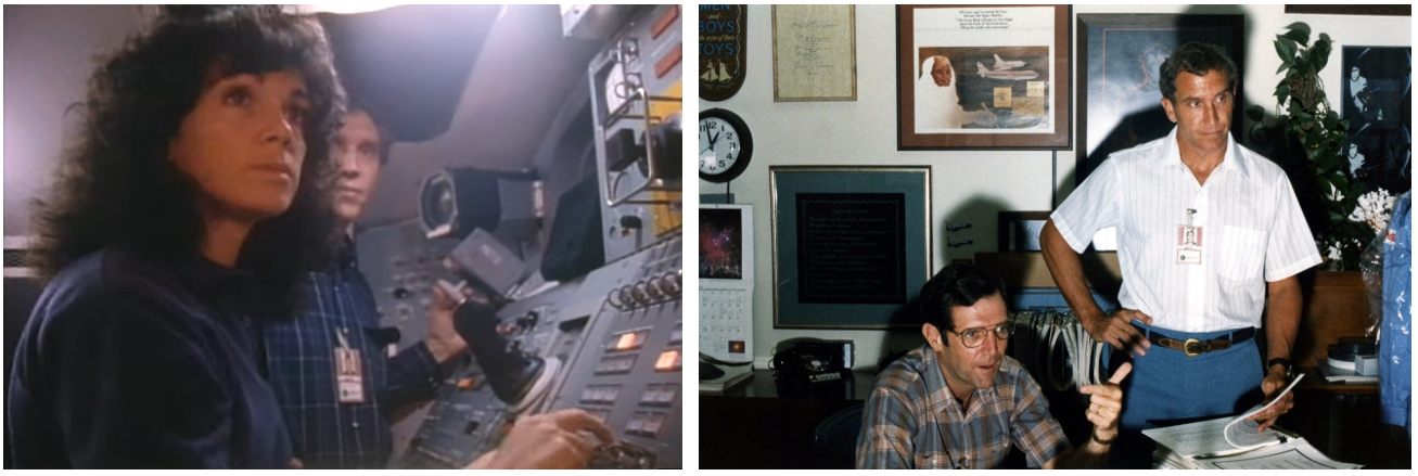 Left: STS-51L astronauts Resnik, left, and Smith train to use the shuttle’s remote manipulator system.  Right: STS-51L crew members Scobee, left, and Smith during a meeting in their office. Credits: NASA