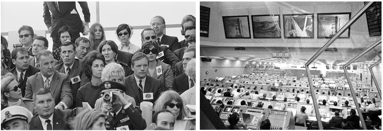 Left: In the viewing stands at NASA’s Kennedy Space Center, Vice President Spiro T. Agnew, Princess Sofía of Spain, astronaut Neil A. Armstrong, and Prince Juan Carlos of Spain await the launch. Right: In Firing Room 2 of Kennedy’s Launch Control Center, engineers monitor the progress of the countdown. Credits: NASA