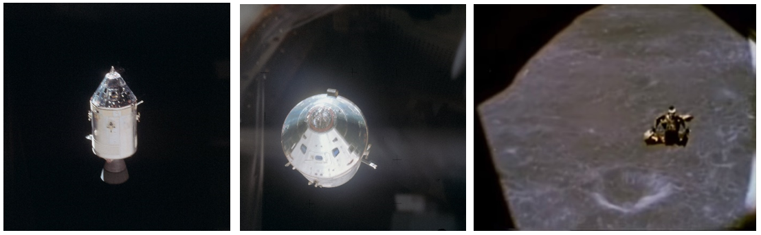 Left: Apollo 14 Command Module Kitty Hawk completes a full rotation during the rendezvous and docking in lunar orbit. Middle: Kitty Hawk approaches the LM Antares for docking. Right: Antares approaches Kitty Hawk for the docking. Credits: NASA