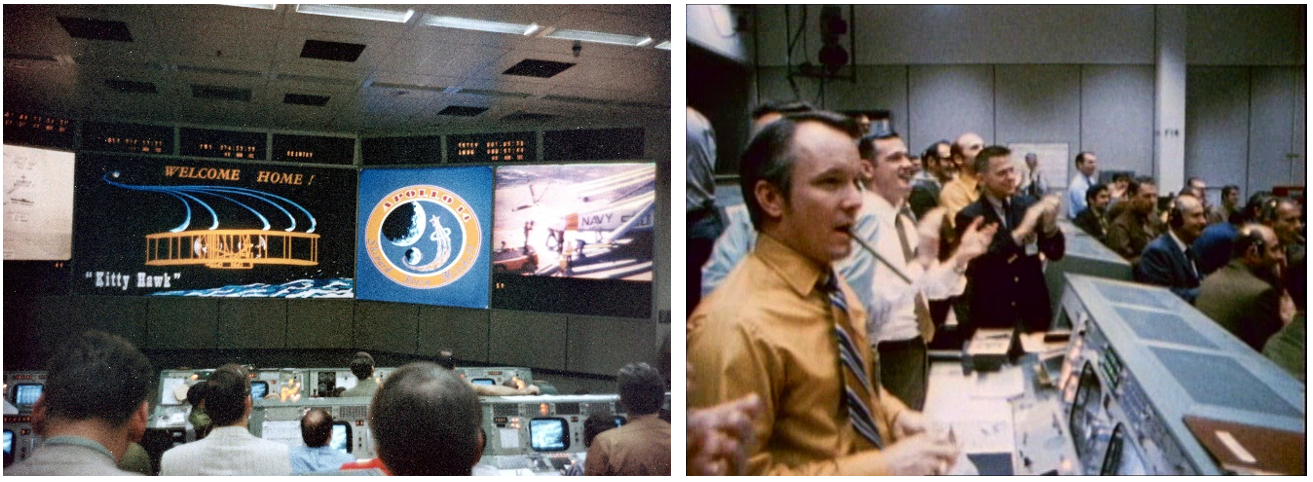 Left: View in the MCC at the Manned Spacecraft Center after the Apollo 14 splashdown. Right: In the MCC, Flight Directors Gerald D. “Gerry” Griffin, left, Glynn S. Lunney, and M.P. “Pete” Frank, along with dozens of controllers, managers, and astronauts, celebrate the successful conclusion of the Apollo 14 mission. Credits: NASA