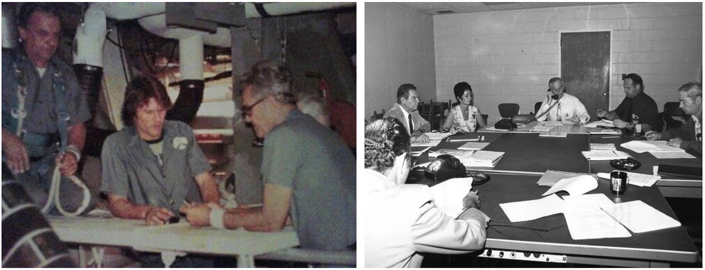 Left: Technicians John Bjornstad, left, Nicholas “Nick” Mullon, and Forrest Cole working in Columbia’s aft compartment during an earlier test. Credits: Denise Mullon. Right: Charles D. Gay, director of expendable vehicle operations at Kennedy, center and talking on the telephone, chairs a meeting of the mishap board. Credits: NASA