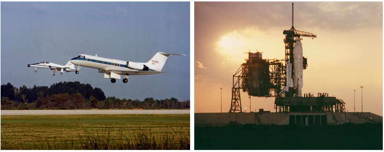 Left: STS-1 Commander John W. Young practices landings using the Shuttle Training Aircraft, a Gulfstream II modified to handle like a space shuttle, at the Shuttle Landing Facility at NASA’s Kennedy Space Center in Florida. Right: With the Rotating Service Structure rolled back, the space shuttle stack is visible on Launch Pad 39A, the evening before the first launch attempt. Credits: Ed Hengeveld
